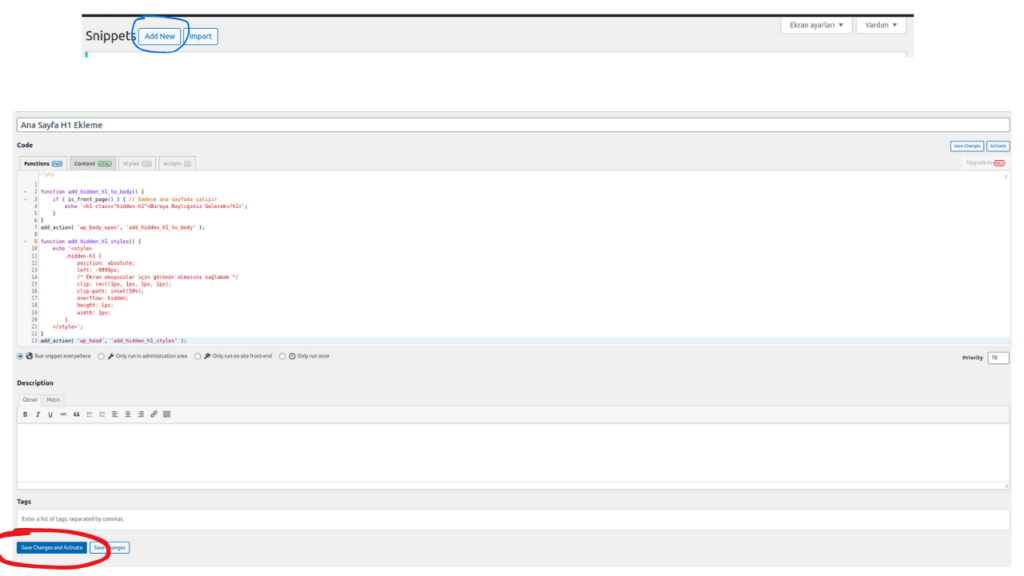 Code Snippets İle H1 Ekleme Adım 1